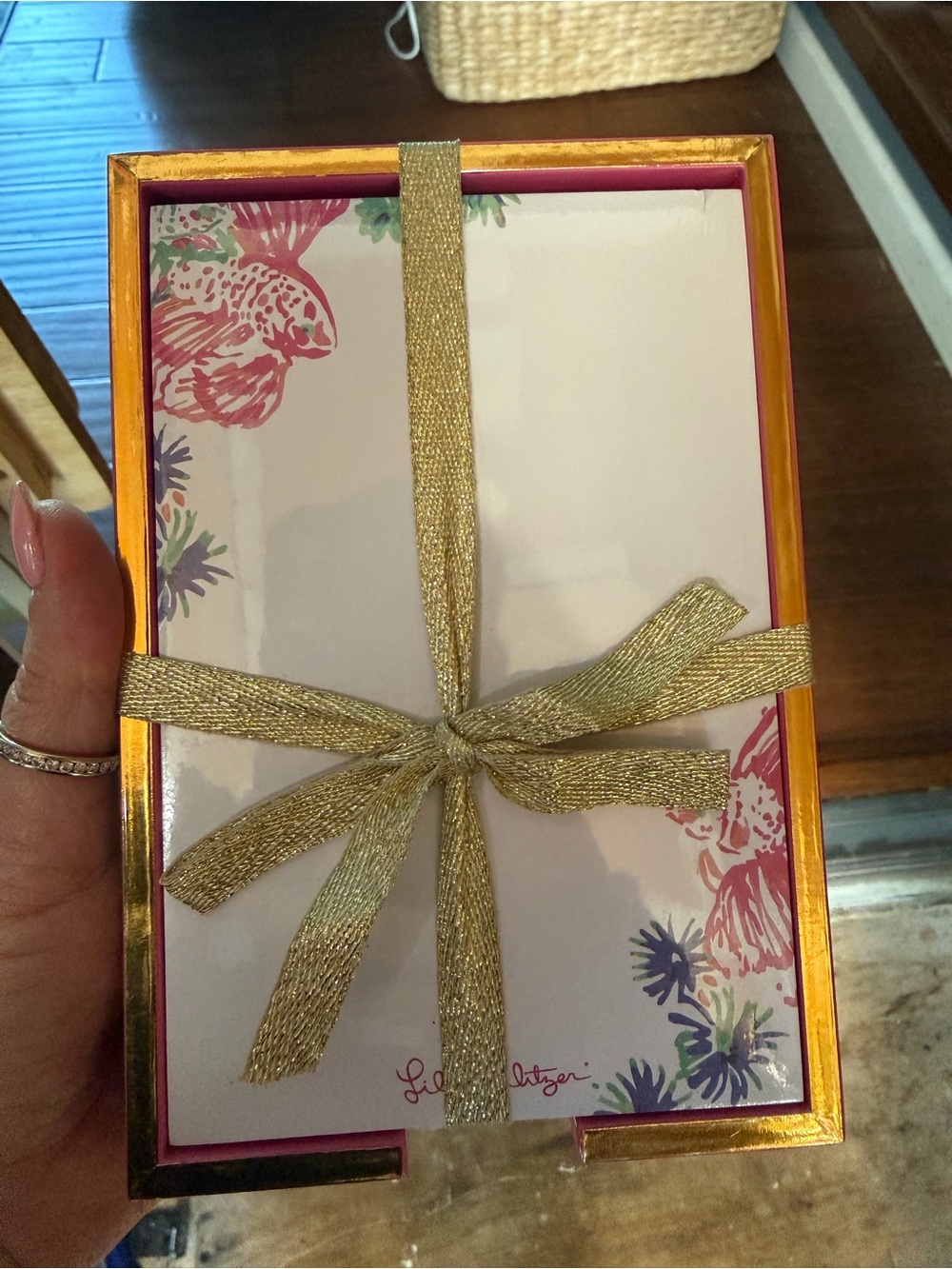 Lilly Pulitzer Pink Floral Notepad with Gold Ribbon